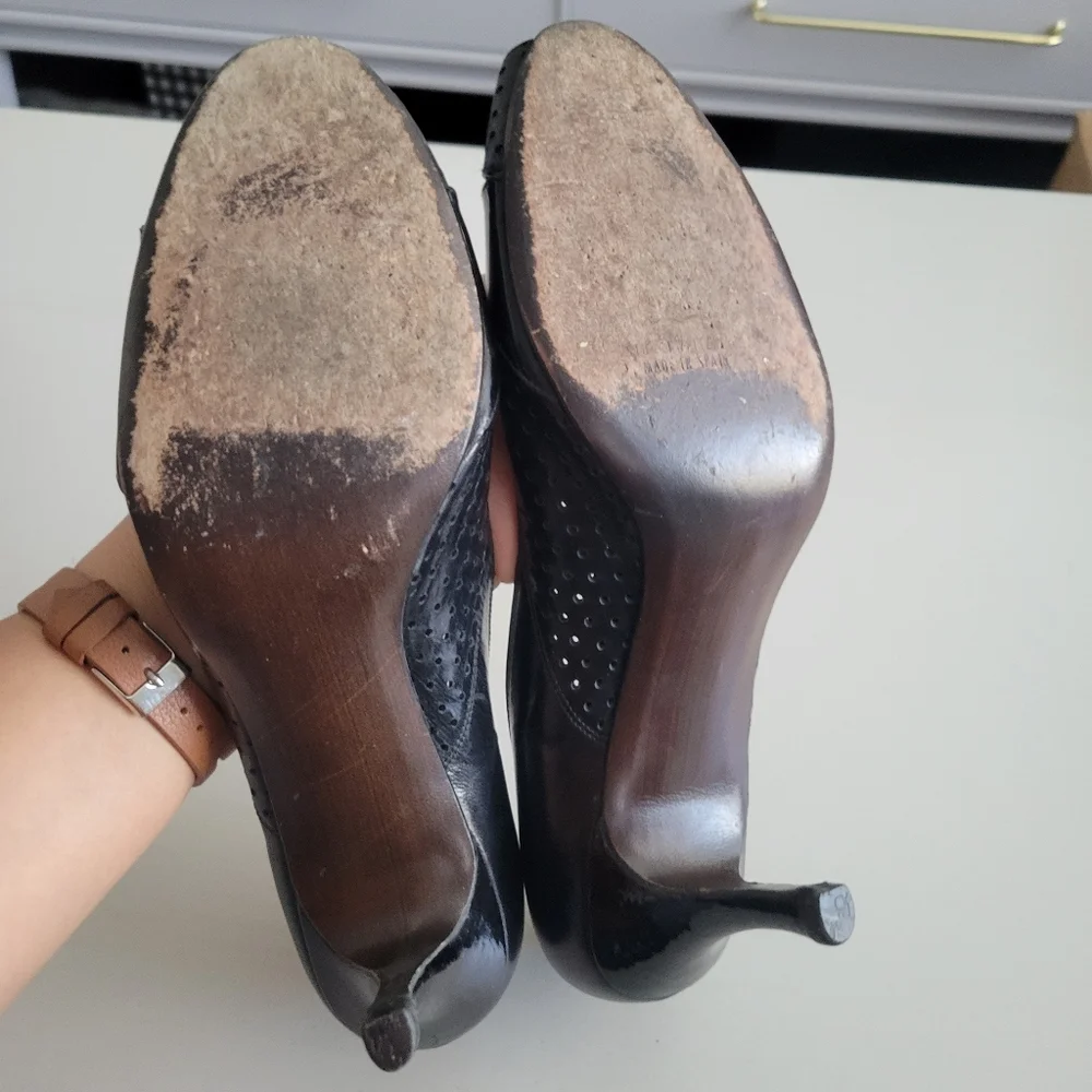 Stuart Weitzman Black Peep Toe Heels Women's Size 10 - Picture 8 of 11